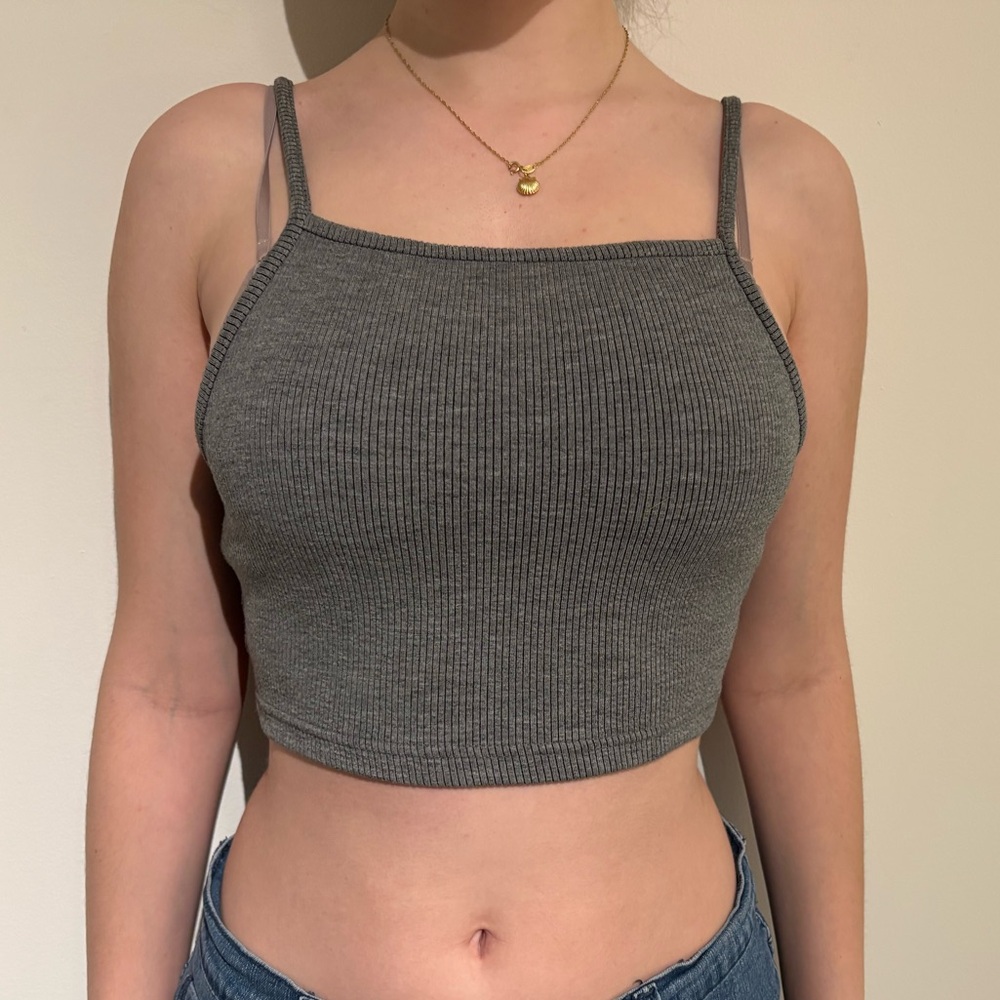 Topshop Gray Ribbed Square-Neck Crop Tank